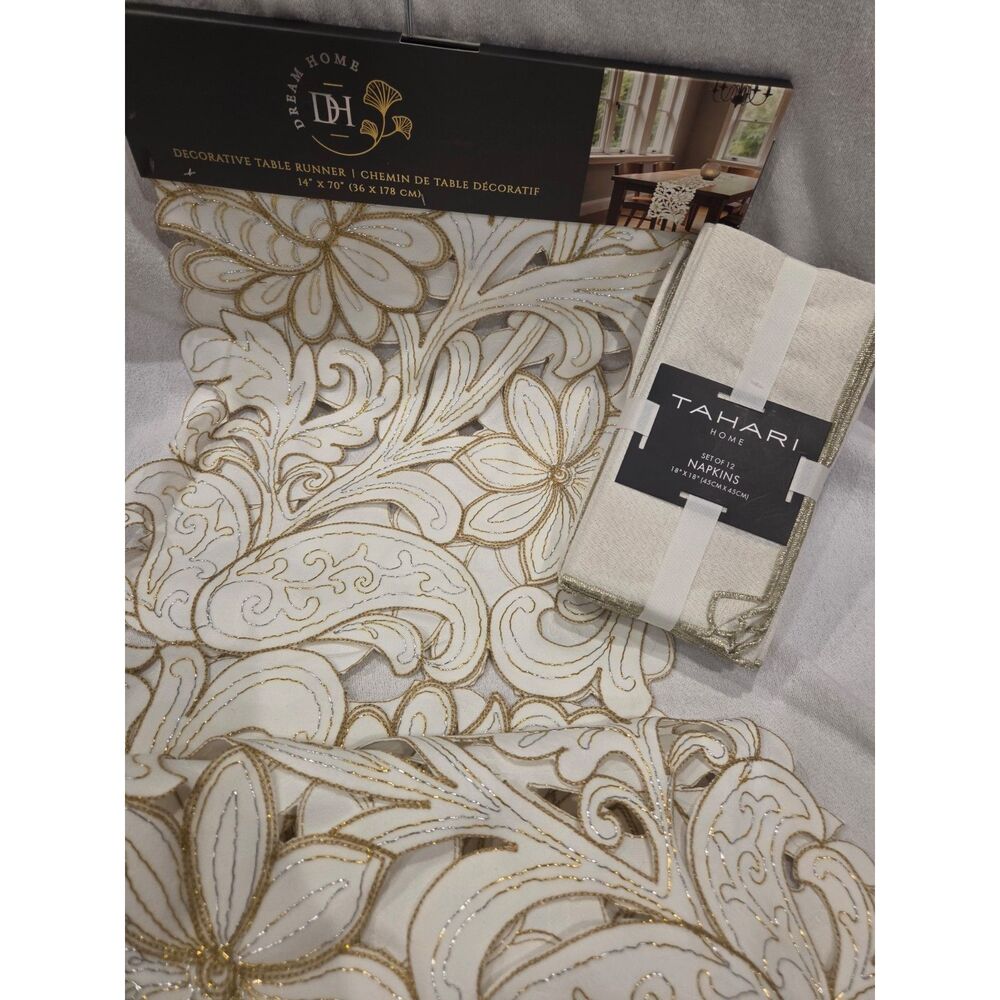 NWT Tahari Gold Table Set Embroidered Runner 70" & 12 Matching Cloth Napkins